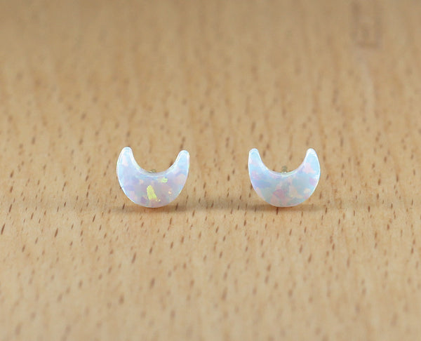 White Synthetic Opal Crescent Moon Stud Earrings - YUNYBOX