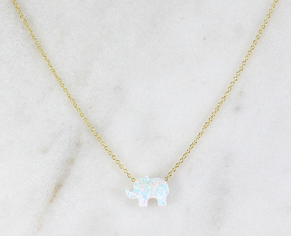 White Synthetic Opal Elephant Yellow Gold Necklace - YUNYBOX