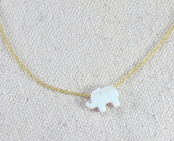 White Synthetic Opal Elephant Yellow Gold Necklace - YUNYBOX