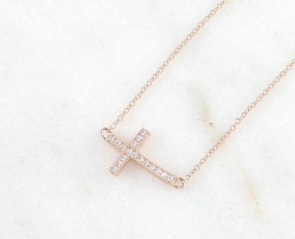 Rose Gold & Pave Sideway Cross Necklace - YUNYBOX