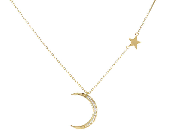 Yellow Gold Pave Crescent Moon Necklace - YUNYBOX
